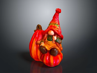 Gnome Figurine Sitting On Striped Orange Pumpkin With Red Orange Hat 3d model