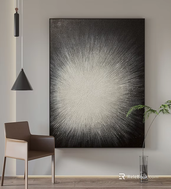 Large Black And White Radial Abstract Painting In Interior With Brown Chair And Green Plant 3d model 