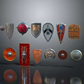Various Decorative Shields With Round Pointed And Emblem Designs In Metal And Wooden Styles
