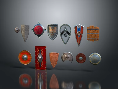 Various Decorative Shields With Round Pointed And Emblem Designs In Metal And Wooden Styles 3d model