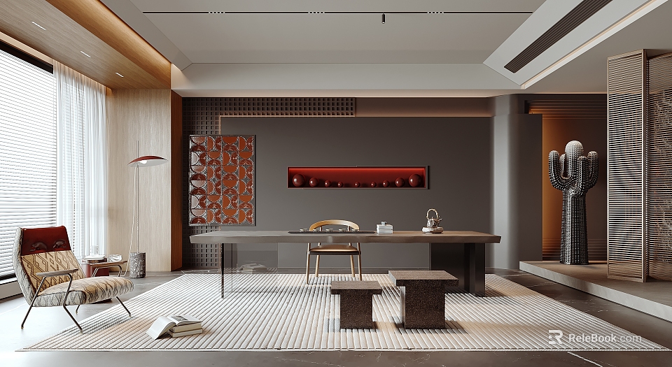 Modern Tea Room Featuring Wooden Elements Gray Walls Red Decorative Painting Long Table And Chairs 3d model 