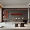 Modern Tea Room Featuring Wooden Elements Gray Walls Red Decorative Painting Long Table And Chairs