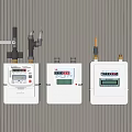 Three White CHINAGAS Gas Meters With Digital Displays On Striped Wall