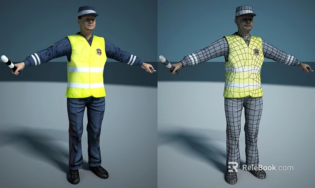 Man Wearing High Visibility Yellow Vest Hat Blue And Plaid Shirts Holding Handheld Device 3d model 