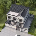 Chinese Traditional Detached Villa with White Walls Black Roof and Lush Garden Front Yard