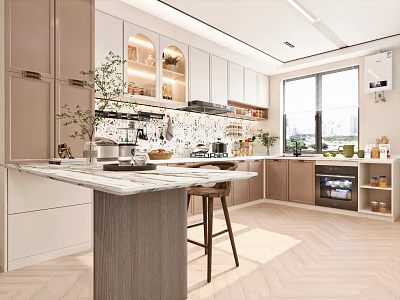 Modern Kitchen Interior With Light Colored Cabinets Marble Island Appliances And Potted Plants Near Window 3d model