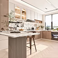 Modern Kitchen Interior With Light Colored Cabinets Marble Island Appliances And Potted Plants Near Window