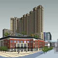 Modern Commercial Complex With Glass Curtain Walls Advertising Screens And High Rise Buildings