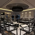 Traditional Chinese Tea House Interior With Wooden Furniture Elegant Chandelier And Calligraphy Decorations