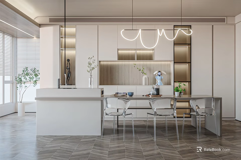 Elegant Modern Restaurant Interior With Open Dining Area Marble Island Pendant Lights And Chairs 3d model 