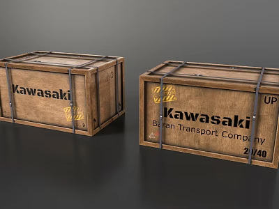 Wooden Crates With Kawasaki Logo And Bilan Transport Company Details Secured By Metal Straps 3d model