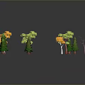3D Modeled Trees With Various Colored Leaves Orange Green And Leafless Ones On Gray Background