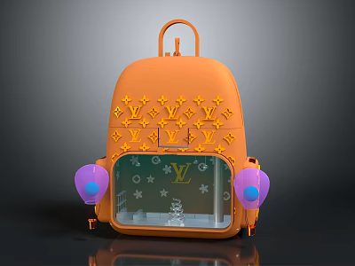 Stylish Orange Backpack With Gold Stars LV Logo Transparent Window And Purple Decorations 3d model