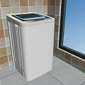 White Washing Machine Placed in Corner with Tiled Wall and Window Viewing Blue Sky