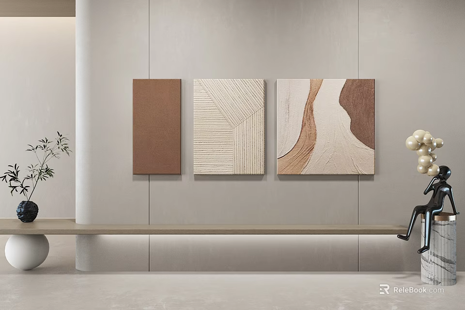 Abstract Textured Wall Art With Beige Background And Wooden Elements In Living Room 3d model 