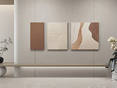 Abstract Textured Wall Art With Beige Background And Wooden Elements In Living Room 3d model