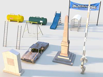 Outdoor Scenic Components With Yellow Green Tanks Slide Swing Blackridge Banner And Monument 3d model