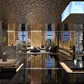 Luxurious Modern Club Lobby With Lounge Area Water Fountain And Marble Flooring