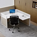 L Shaped White Office Desk With Partition Laptop And Black Mesh Chair On Gray Rug