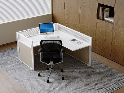 L Shaped White Office Desk With Partition Laptop And Black Mesh Chair On Gray Rug 3d model