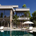 Modern Detached Villa With Large Windows Stone Wall Swimming Pool Surrounded By Trees