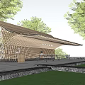 Wooden Pavilion Design with Curved Roof Platform Surrounded by Trees Grass Distant Landscape and Sky
