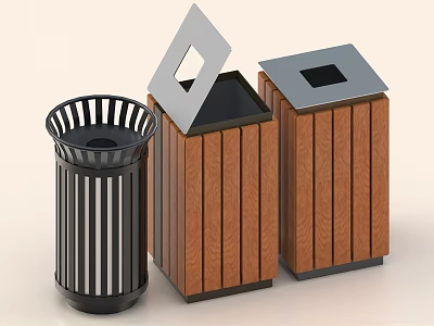 Collection Of Trash Bins With Various Designs Including Metal Striped And Wooden Lidded Types 3d model