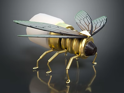 Bee Shaped Decorative Lamp With White Bulb Golden Body And Transparent Wings 3d model