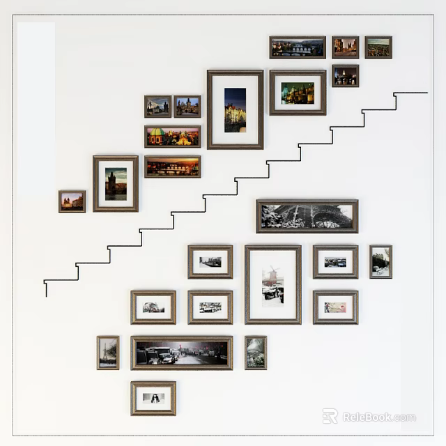 Landscape Paintings Arranged On Staircase Wall With Framed Artworks And Various Sizes 3d model 