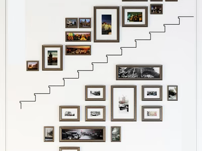 Landscape Paintings Arranged On Staircase Wall With Framed Artworks And Various Sizes 3d model