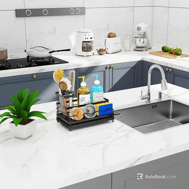Kitchen Sink Organizer Rack With Dish Soap Sponge And Cleaning Tools On Marble Counter 3d model