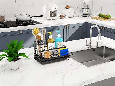 Kitchen Sink Organizer Rack With Dish Soap Sponge And Cleaning Tools On Marble Counter 3d model