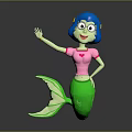 Cartoon Mermaid Character With Blue Hair Glasses Pink Heart Top Green Tail Waving Hand