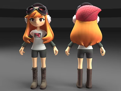 Cute Dolls With Orange Hair Aviator Goggles Red Plaid Hat White T-shirt Green Sleeves Brown Boots 3d model