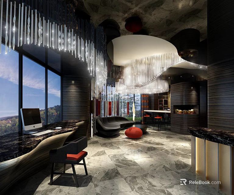 Luxury Modern Clubhouse Interior Design With Crystal Chandelier Large Windows And Marble Floor 3d model 