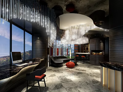 Luxury Modern Clubhouse Interior Design With Crystal Chandelier Large Windows And Marble Floor 3d model