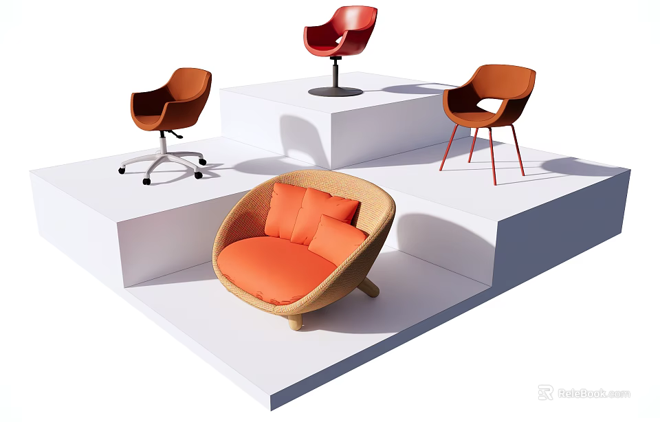 Stylish Office Chairs With Various Modern Designs Orange Color And Wheeled Base 3d model 