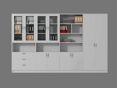 White Office Storage Cabinet With Glass Doors Filing Drawers And Organized Folders 3d model