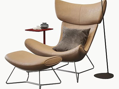 Leather Leisure Chair With Tan Upholstery Gray Cushion Red Side Table And Floor Lamp 3d model