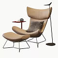 Leather Leisure Chair With Tan Upholstery Gray Cushion Red Side Table And Floor Lamp