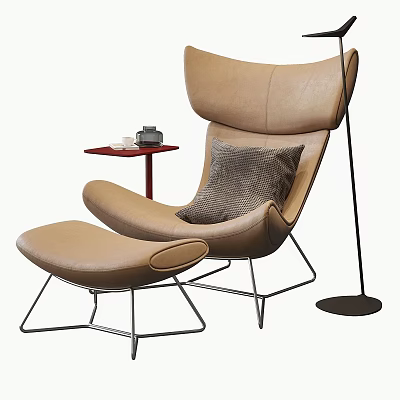 Leather Leisure Chair With Tan Upholstery Gray Cushion Red Side Table And Floor Lamp 3d model