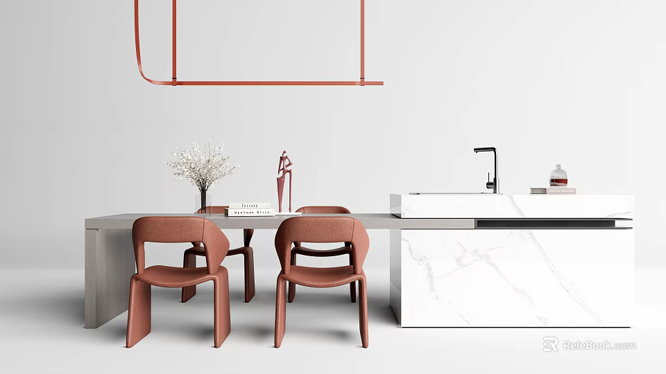 Modern Dining Table Set With Brown Chairs And Marble Countertop Decorative Items 3d model