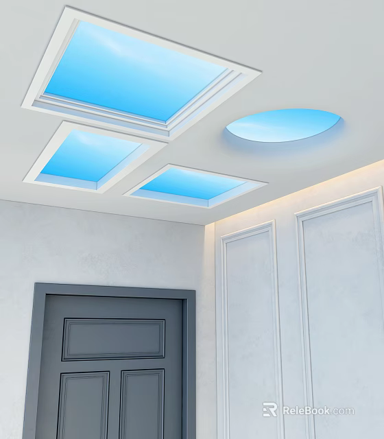 Modern Interior Ceiling Design With Square And Round Skylights And White Walls 3d model