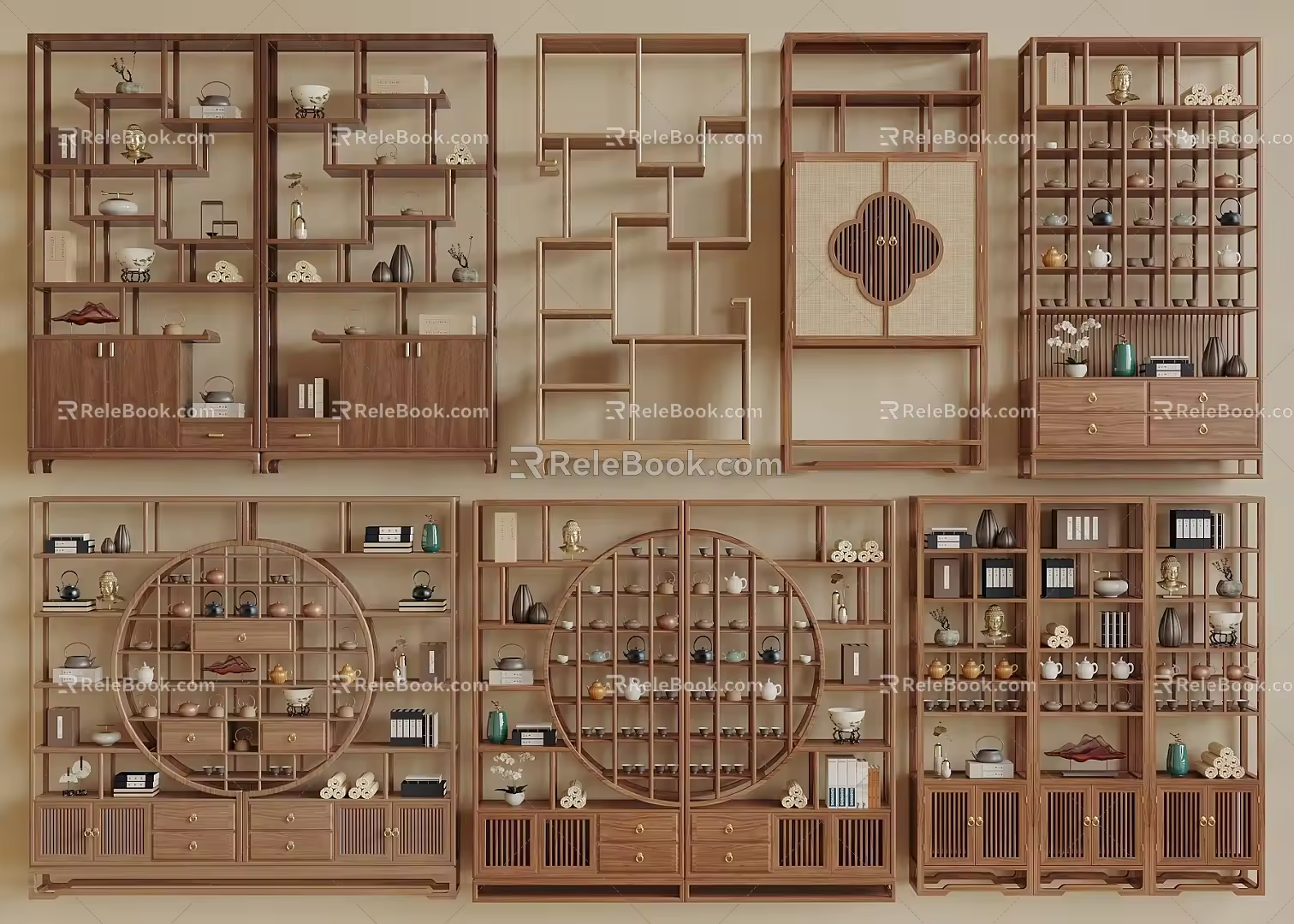 New Chinese-style Antique Shelf Bookshelf Tea Set Ornaments Books 3d model