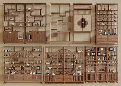 New Chinese-style Antique Shelf Bookshelf Tea Set Ornaments Books 3d model