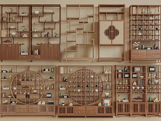 New Chinese-style Antique Shelf Bookshelf Tea Set Ornaments Books 3d model