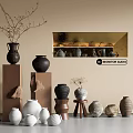 Stylish Interior Display Of Ceramic Vessels With Neutral Tones Various Shapes And Decorative Branches