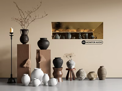 Stylish Interior Display Of Ceramic Vessels With Neutral Tones Various Shapes And Decorative Branches 3d model