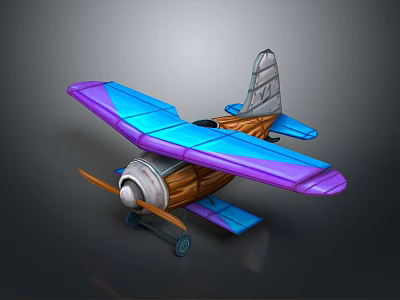 Vintage Space Aircraft 3D Model With Blue Purple Wings Wooden Metal Body And Propeller 3d model