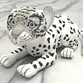 Snow Leopard Plush Toy White With Black Spots And Blue Eyes Lying On Marble Surface